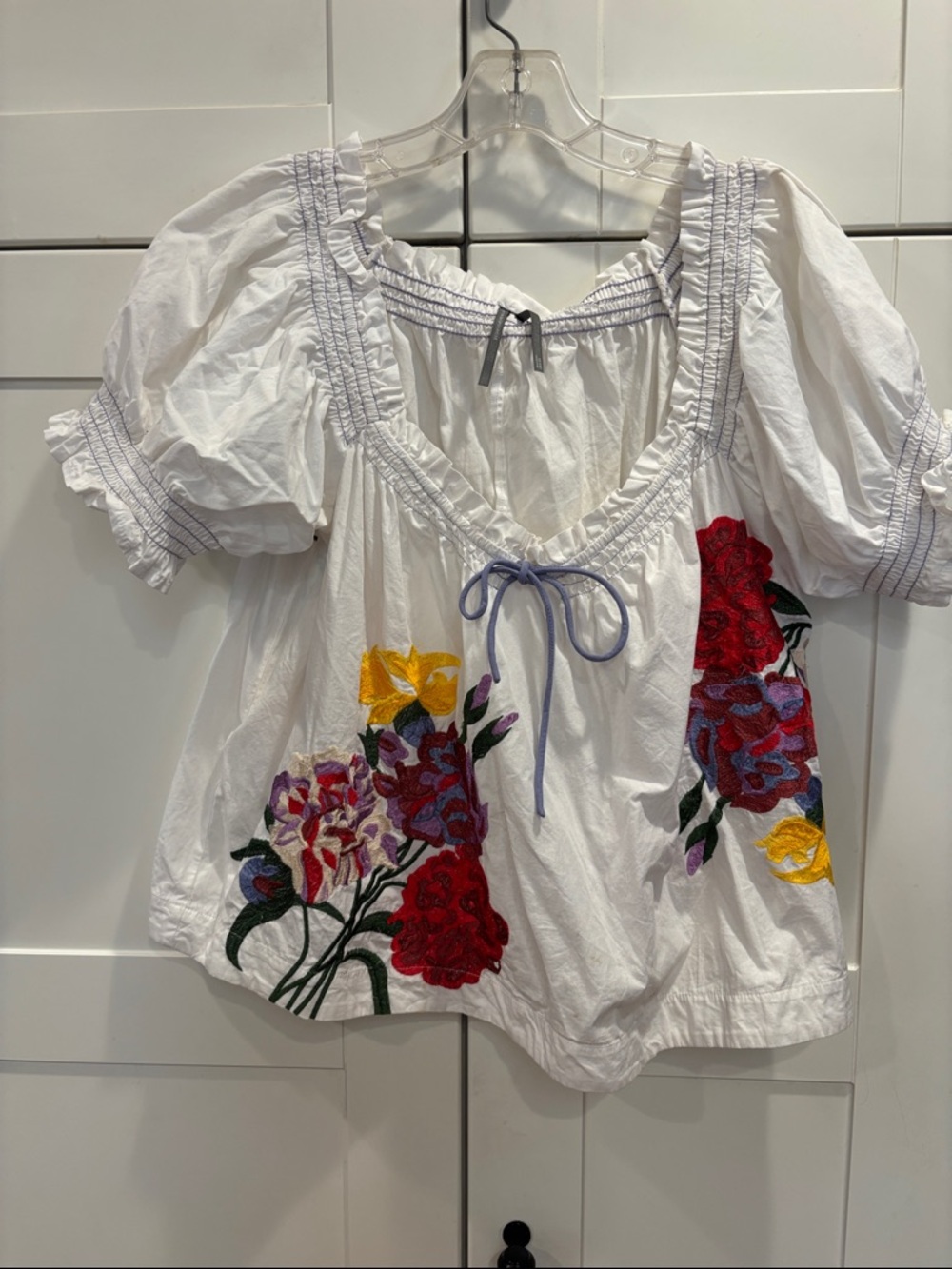 Anthropologie White Peasant Top with Multicolor Floral Embroidery